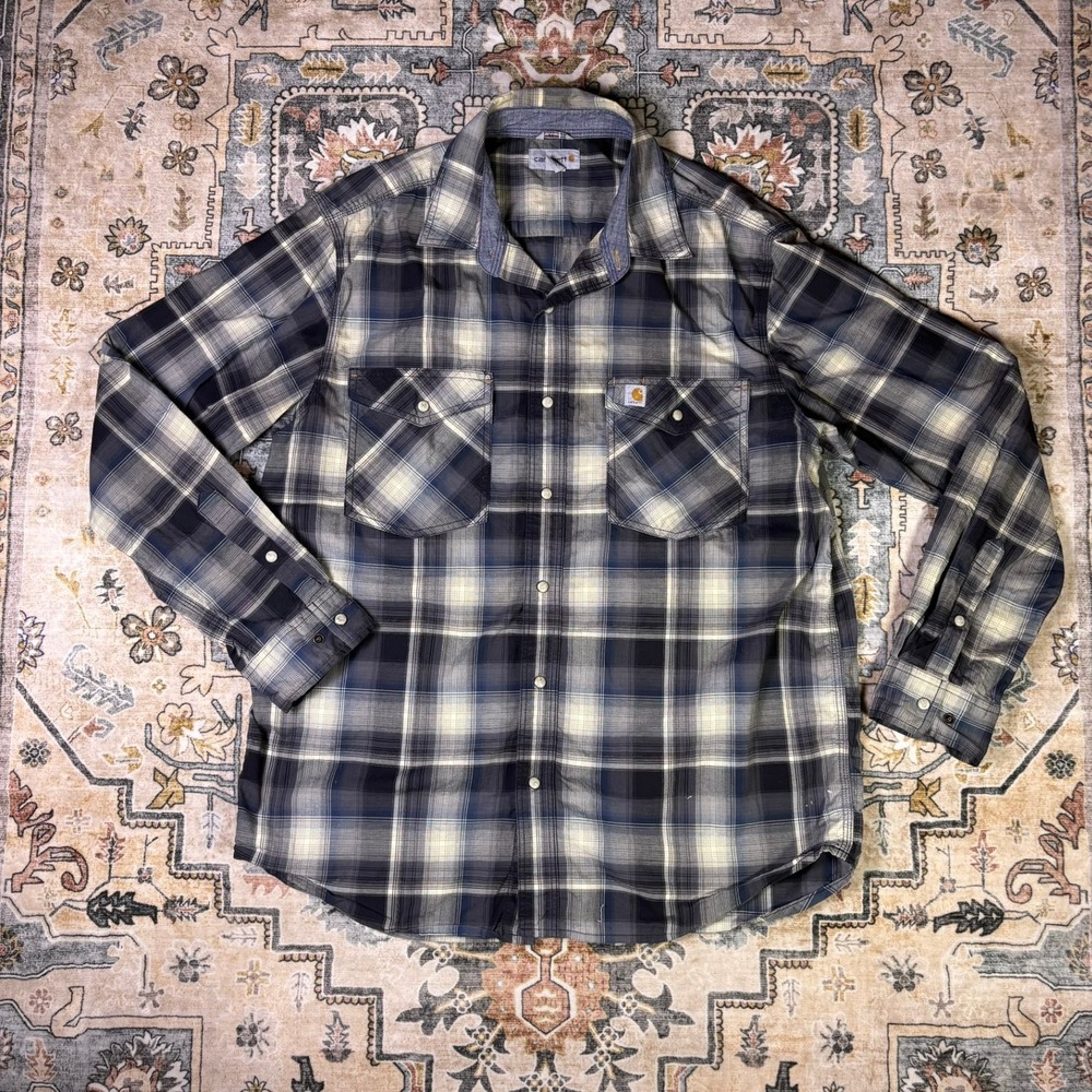 Carhartt Mens Plaid Pearl Snap Long Sleeve Work Shirt Navy Blue Cream XL Relaxed